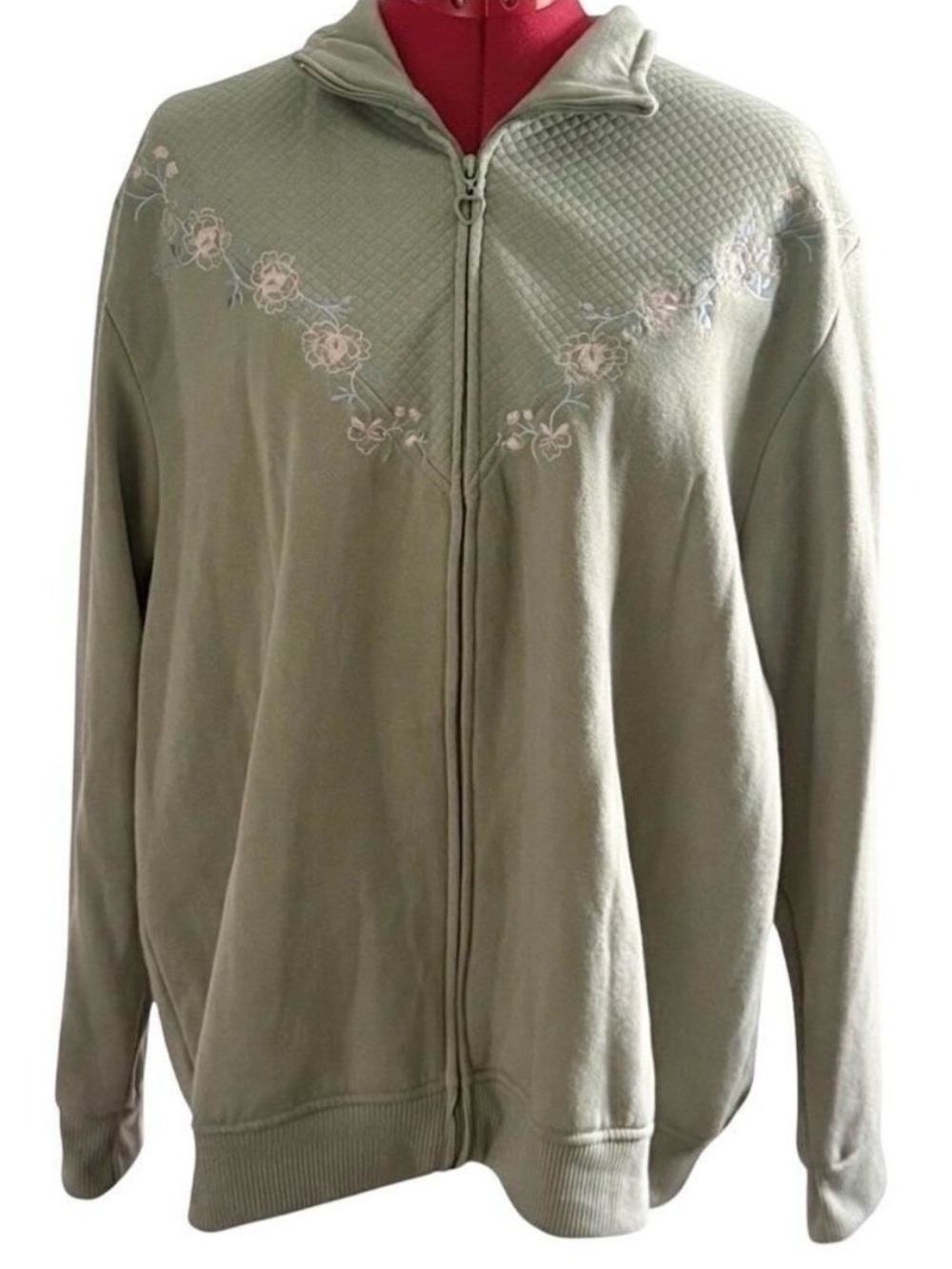 Vintage Quilted Floral Embroidered Zip Sweatshirt Grandmacore Cottagecore Fairy
